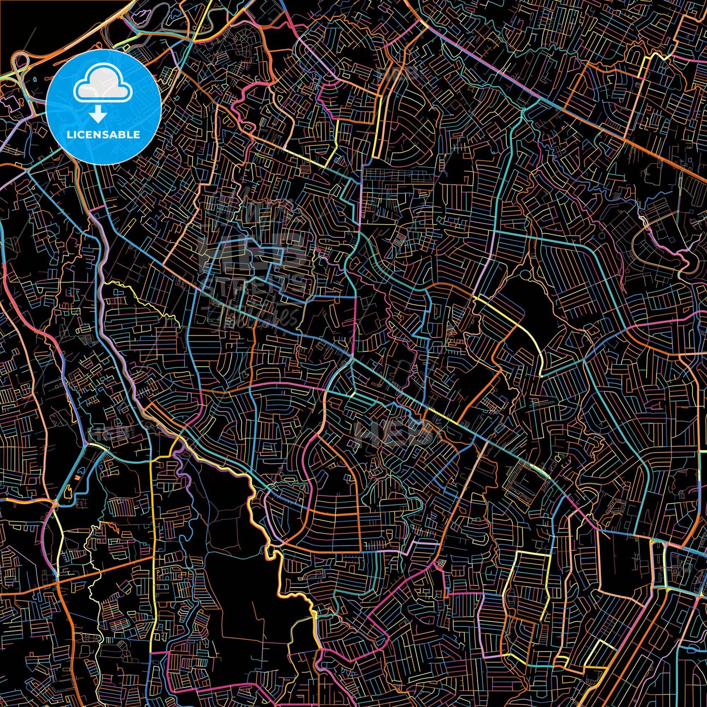 Las Piñas, Philippines, colorful city map on black background