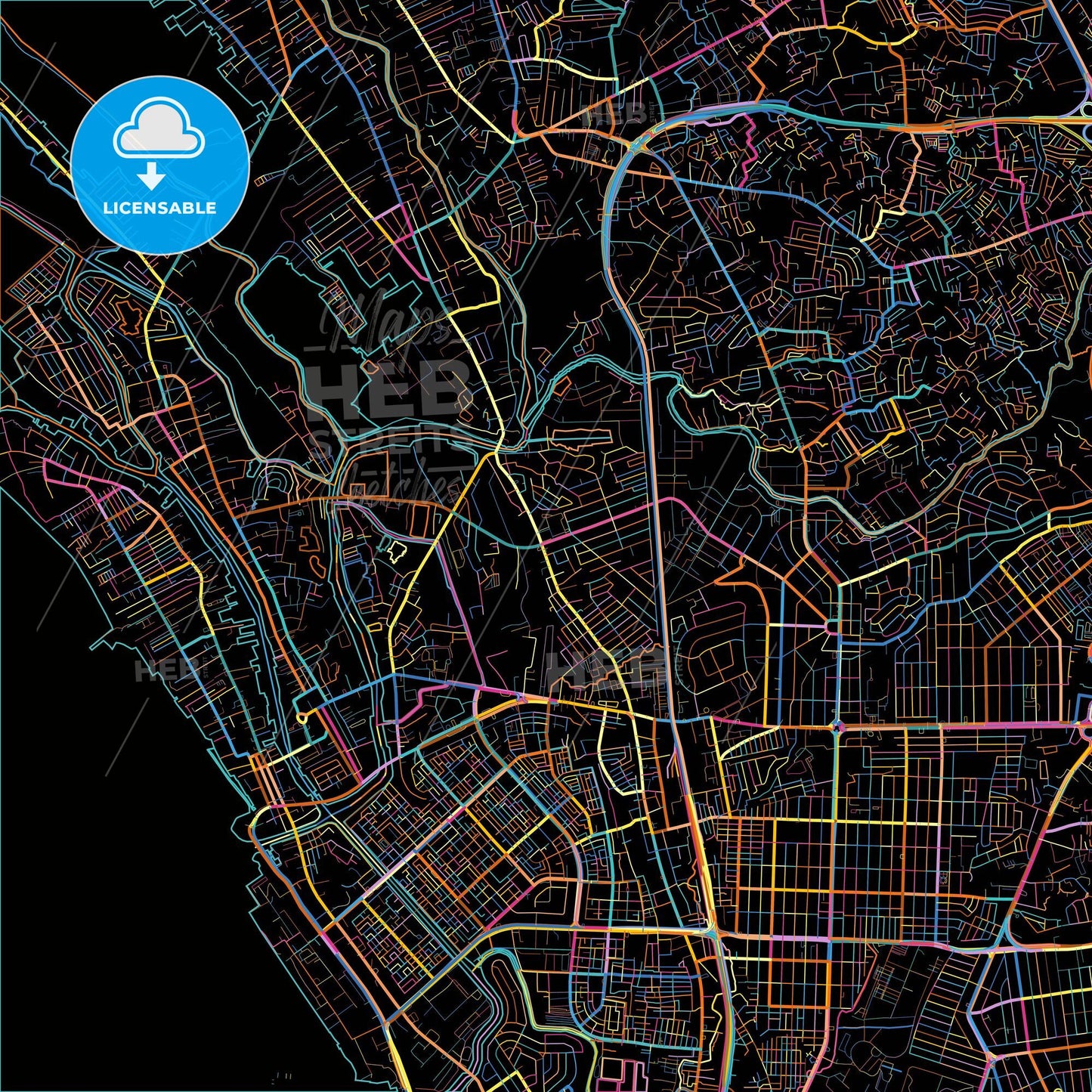 Malabon, Philippines, colorful city map on black background