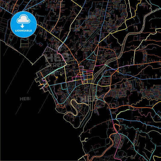 Batangas City, Batangas, Philippines, colorful city map on black background