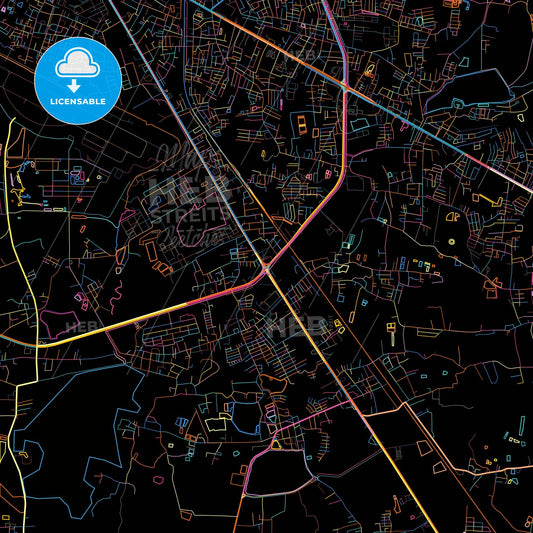 Udon Thani, Udon Thani, Thailand, colorful city map on black background