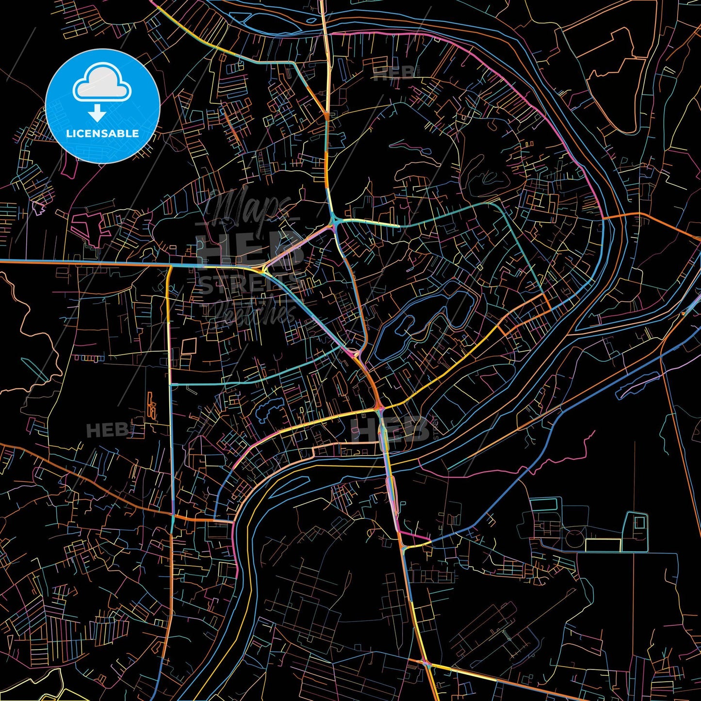 Nakhon Sawan, Nakhon Sawan, Thailand, colorful city map on black background