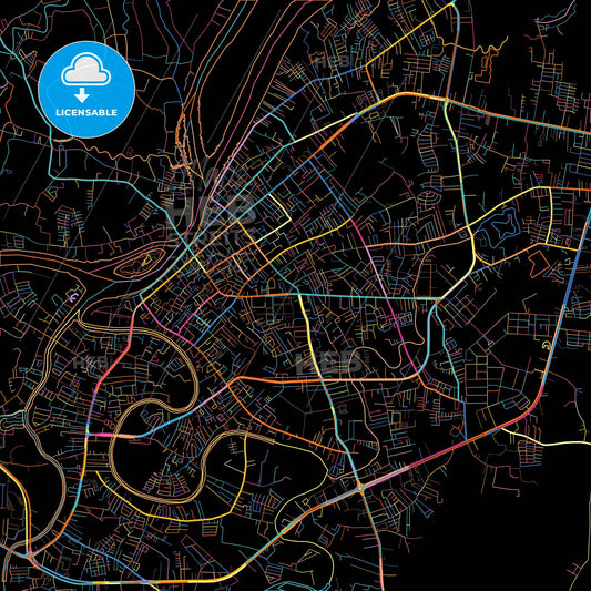 Surat Thani, Surat Thani, Thailand, colorful city map on black background