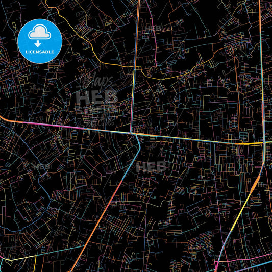 Om Noi, Samut Sakhon, Thailand, colorful city map on black background