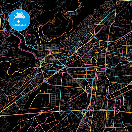 Damascus, Syria, colorful city map on black background