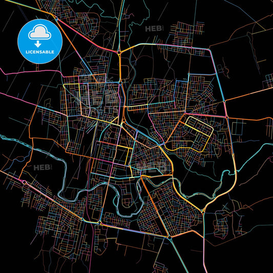 Al-Hasakah, Syria, colorful city map on black background