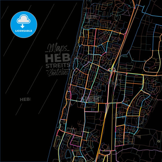 Netanya, Center, Israel, colorful city map on black background
