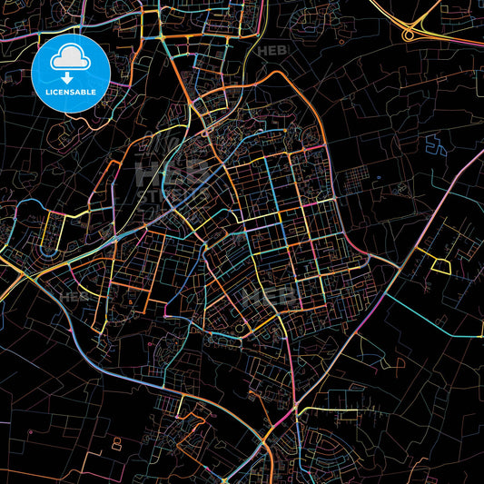 Rehovot, Center, Israel, colorful city map on black background