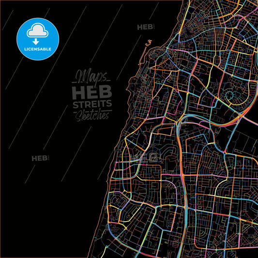 Bat Yam, Tel Aviv, Israel, colorful city map on black background