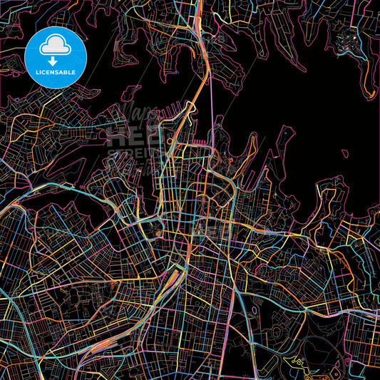 Sydney, New South Wales, Australia, colorful city map on black background