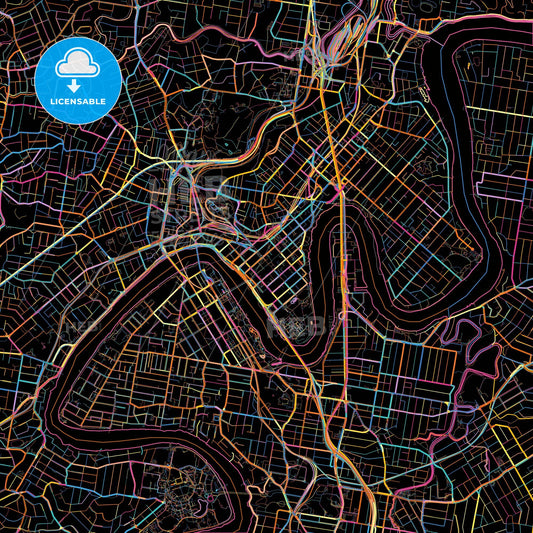 Brisbane, Queensland, Australia, colorful city map on black background