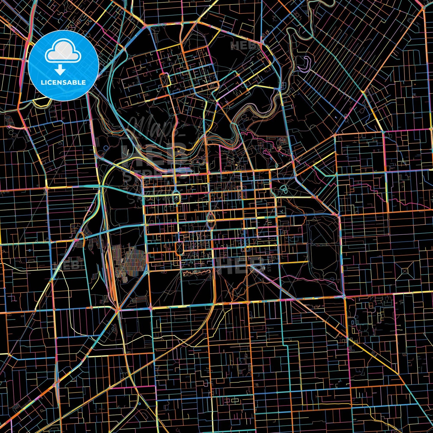 Adelaide, South Australia, Australia, colorful city map on black background