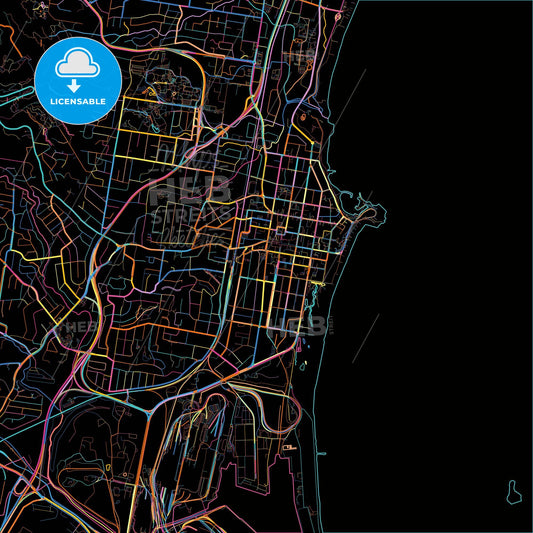Wollongong, New South Wales, Australia, colorful city map on black background