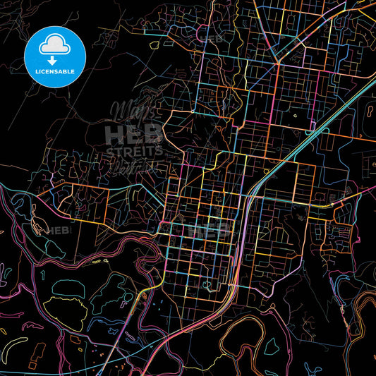 Albury–Wodonga, New South Wales/Victoria, Australia, colorful city map on black background