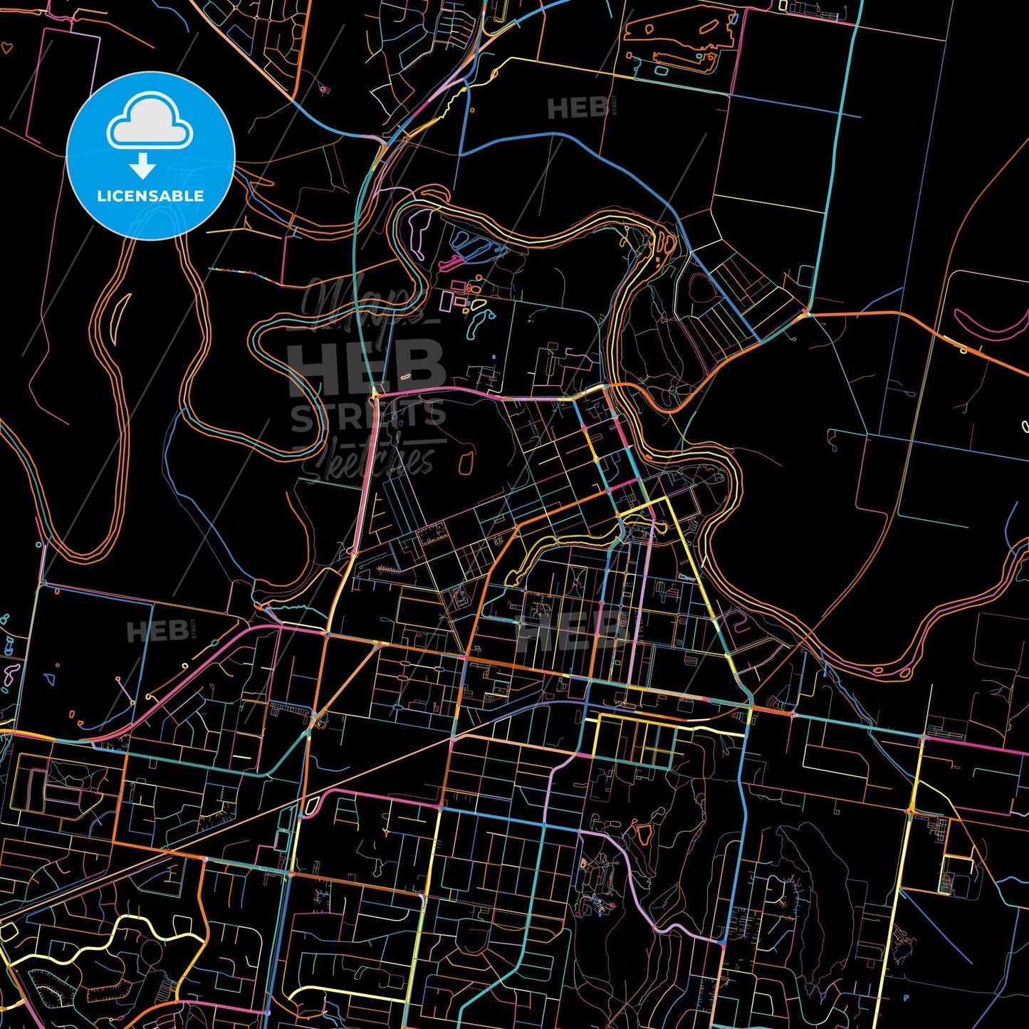 Wagga Wagga, New South Wales, Australia, colorful city map on black background