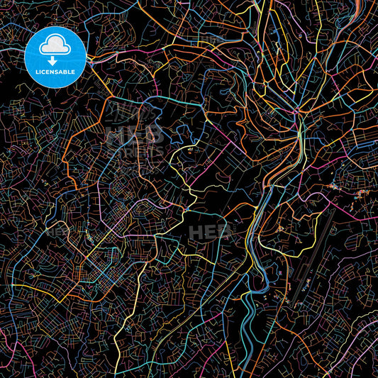 Yaounde, Cameroon, colorful city map on black background