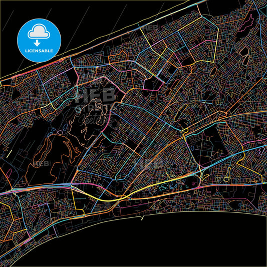 Pikine, Senegal, colorful city map on black background