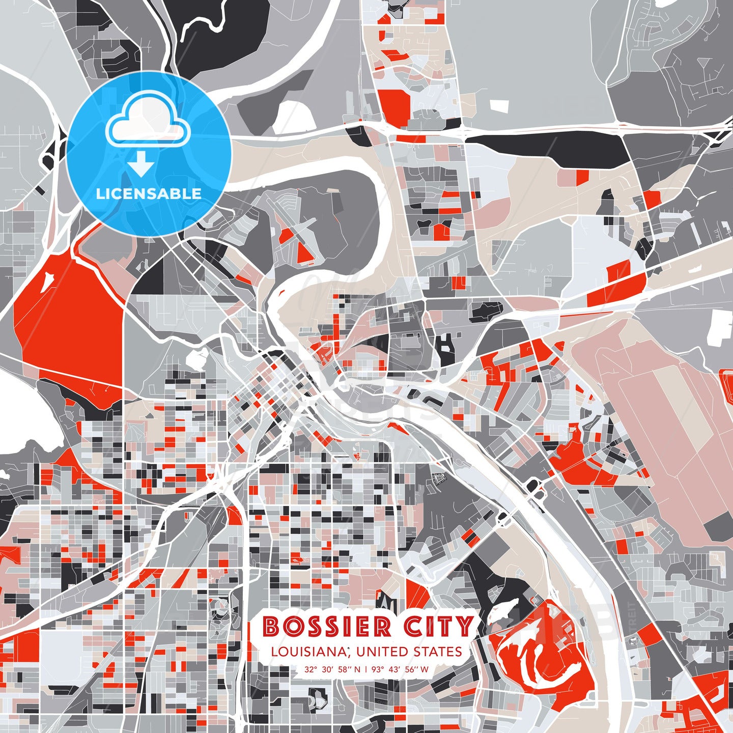 Bossier City, Louisiana, United States, modern map - HEBSTREITS Sketches