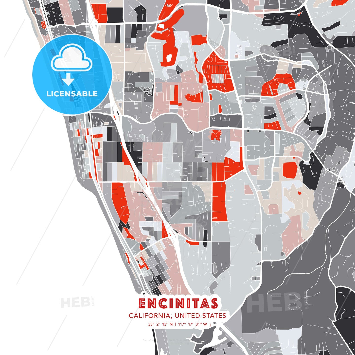 Encinitas, California, United States, modern map - HEBSTREITS Sketches