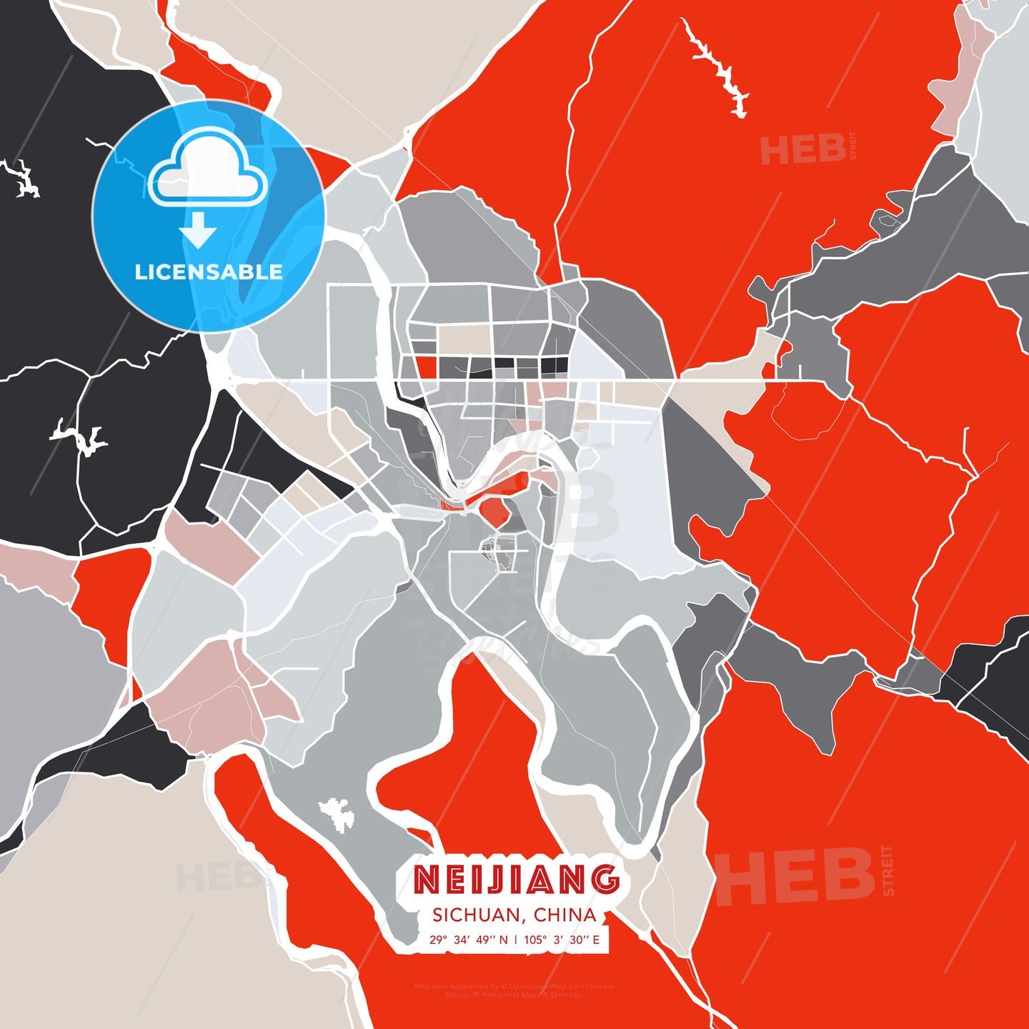 Neijiang, Sichuan, China, modern map - HEBSTREITS Sketches