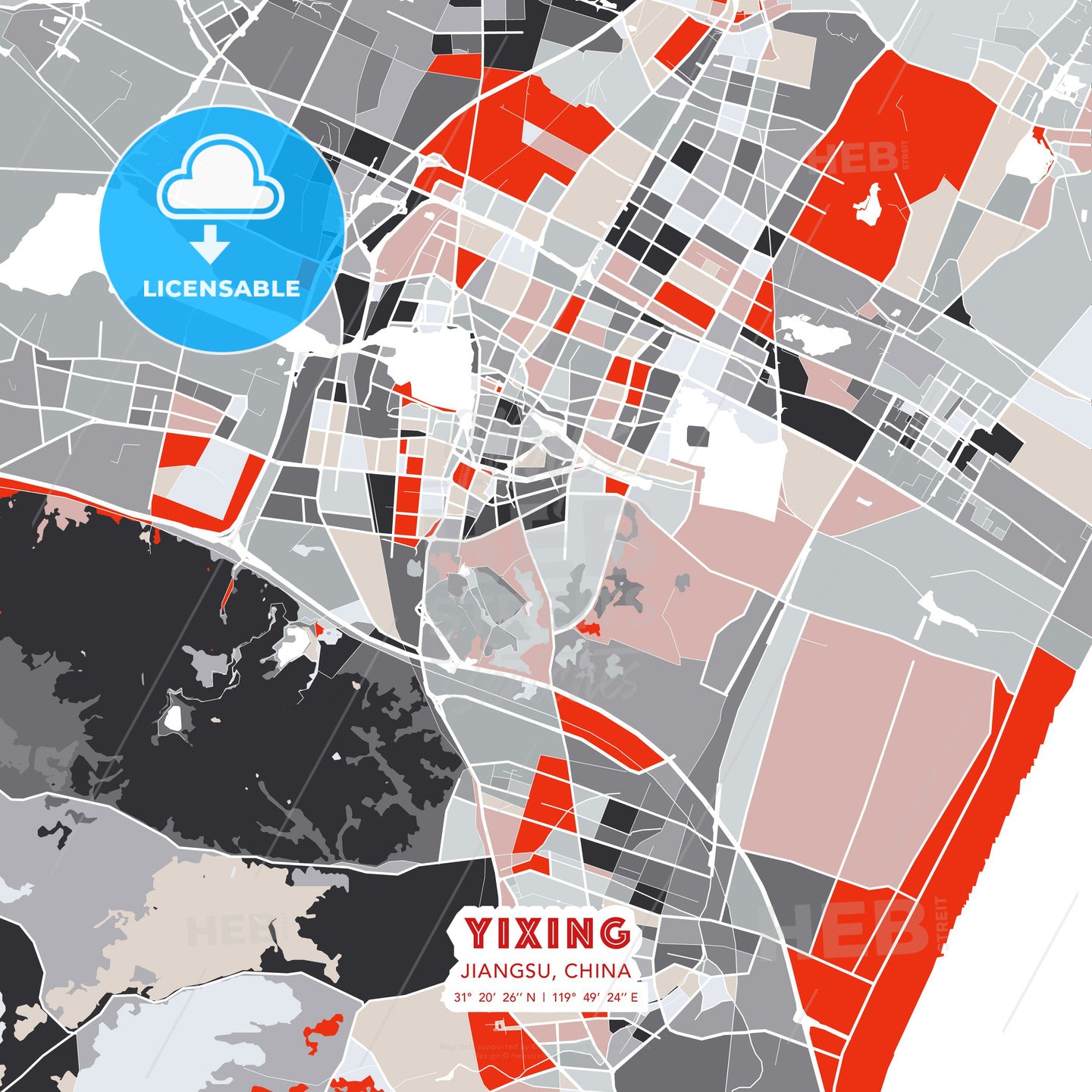 Yixing, Jiangsu, China, modern map - HEBSTREITS Sketches