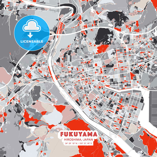 Fukuyama, Hiroshima, Japan, modern map - HEBSTREITS Sketches