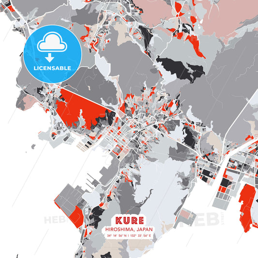Kure, Hiroshima, Japan, modern map - HEBSTREITS Sketches