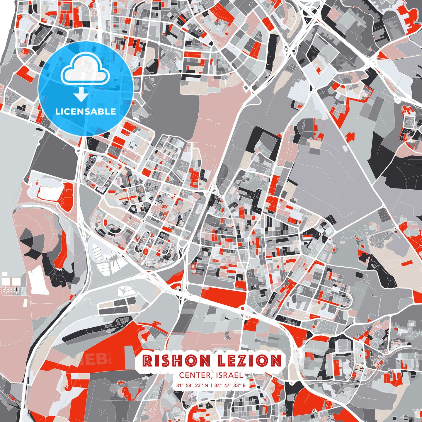 Rishon LeZion, Center, Israel, modern map - HEBSTREITS Sketches