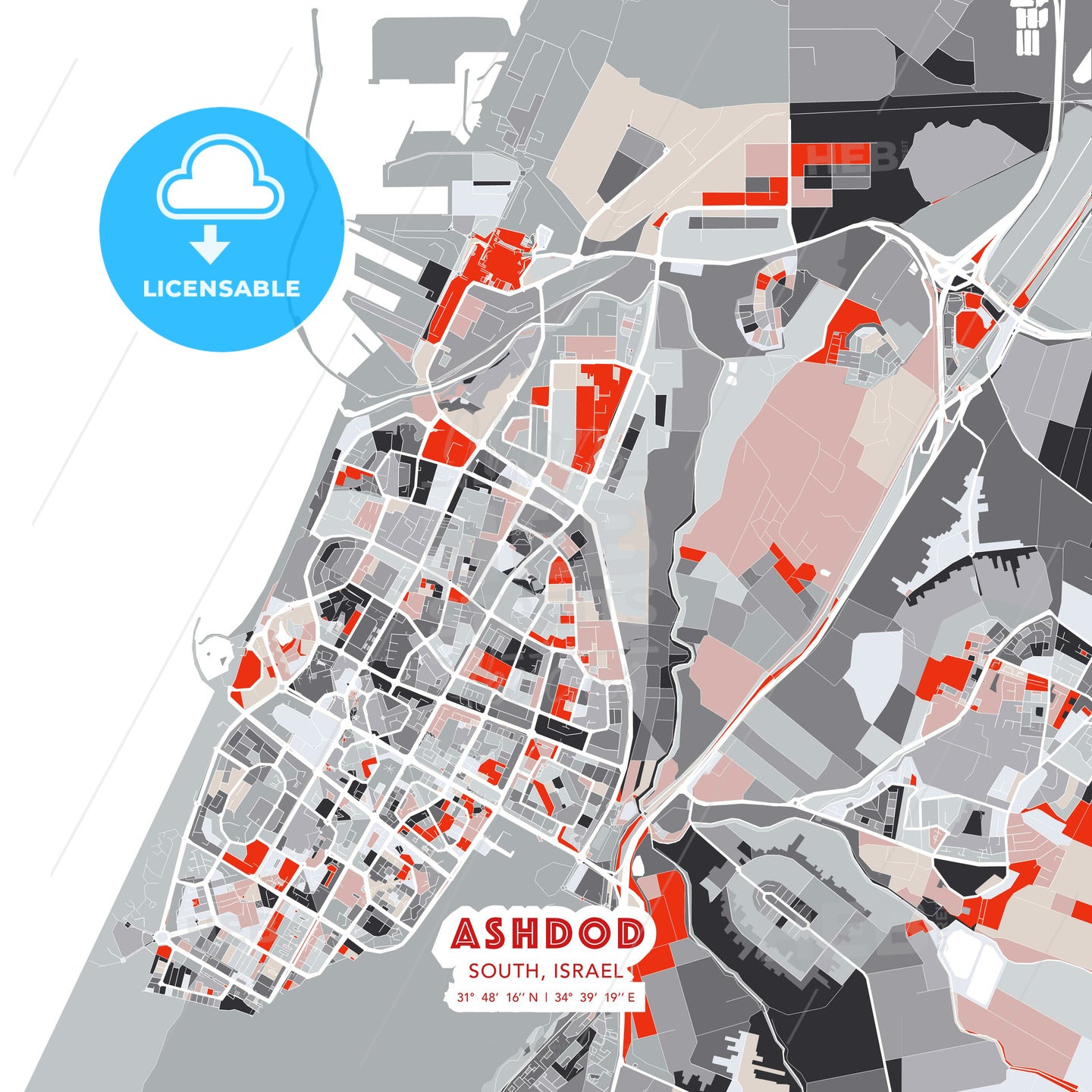 Ashdod, South, Israel, modern map - HEBSTREITS Sketches