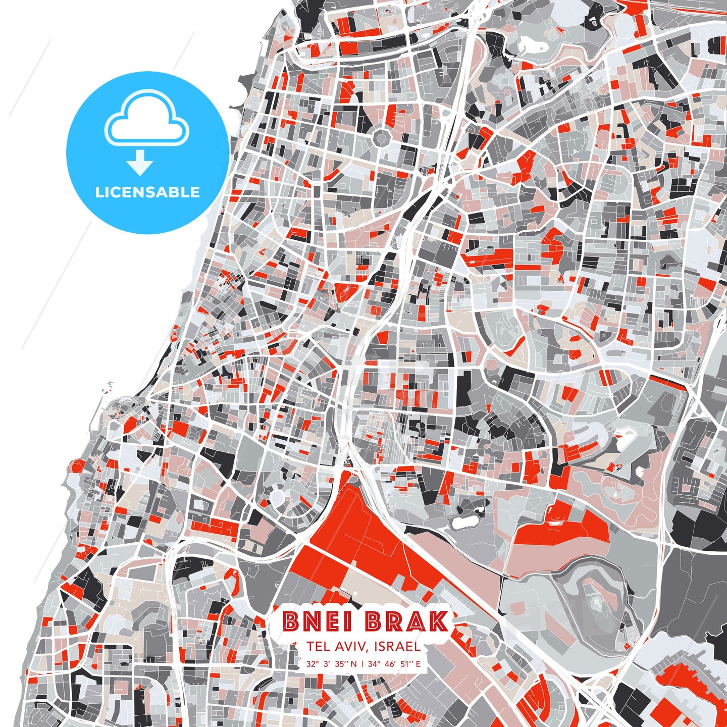 Bnei Brak, Tel Aviv, Israel, modern map - HEBSTREITS Sketches