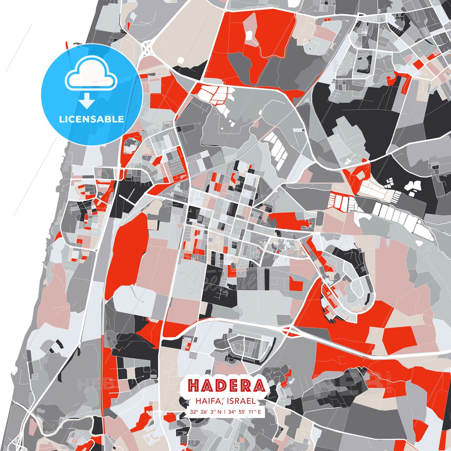 Hadera, Haifa, Israel, modern map - HEBSTREITS Sketches