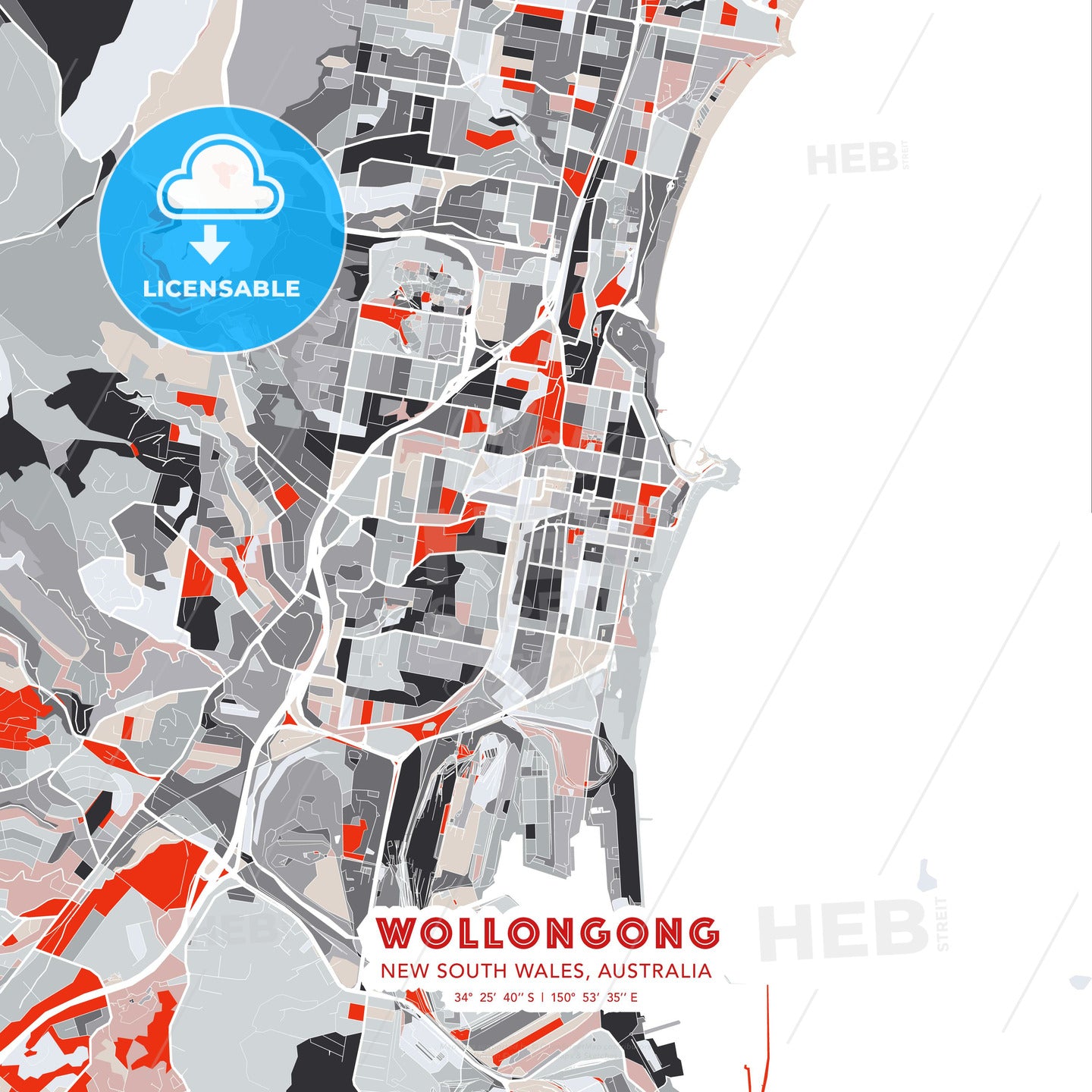 Wollongong, New South Wales, Australia, modern map - HEBSTREITS Sketches