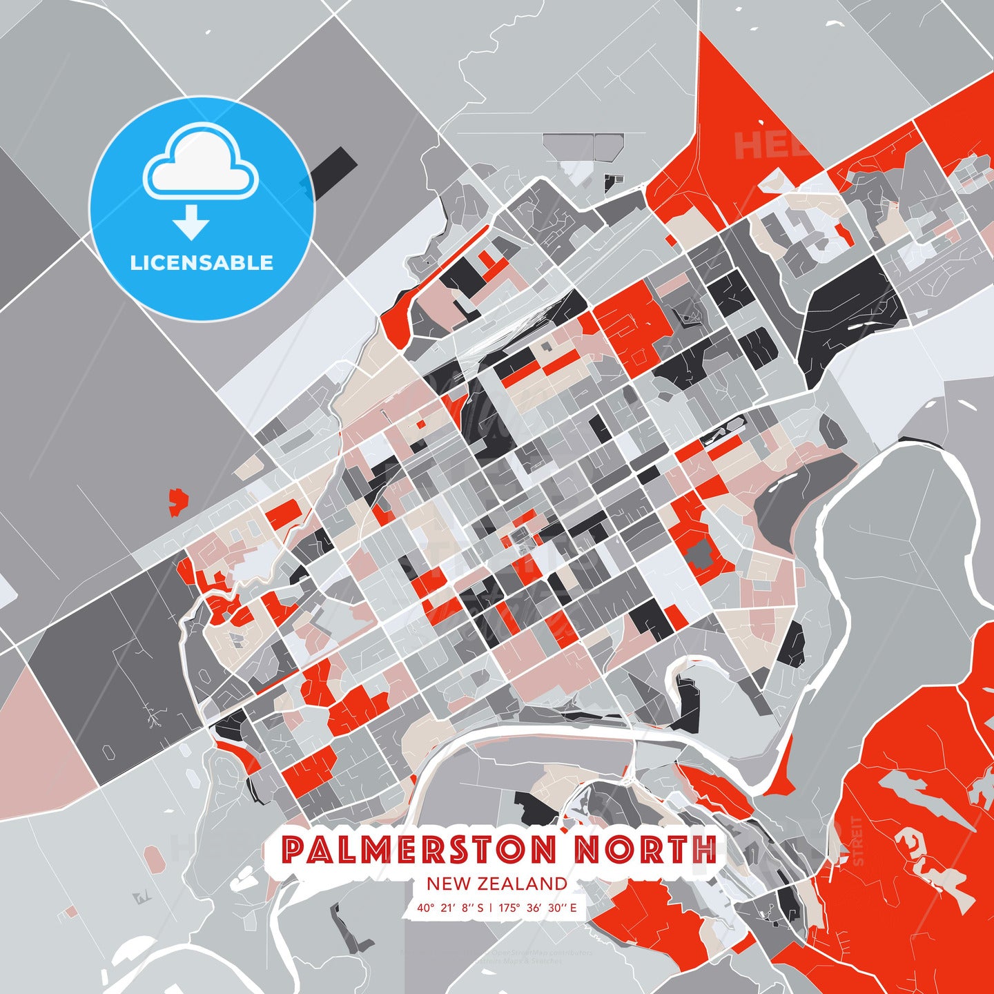 Palmerston North, New Zealand, modern map - HEBSTREITS Sketches