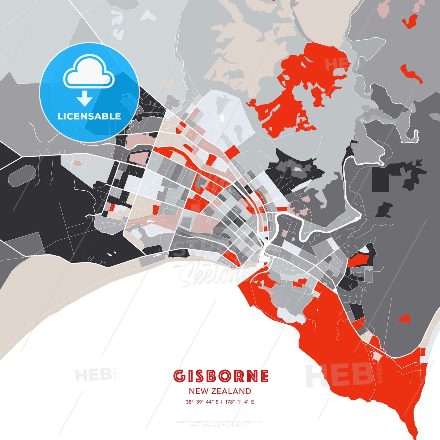 Gisborne, New Zealand, modern map - HEBSTREITS Sketches
