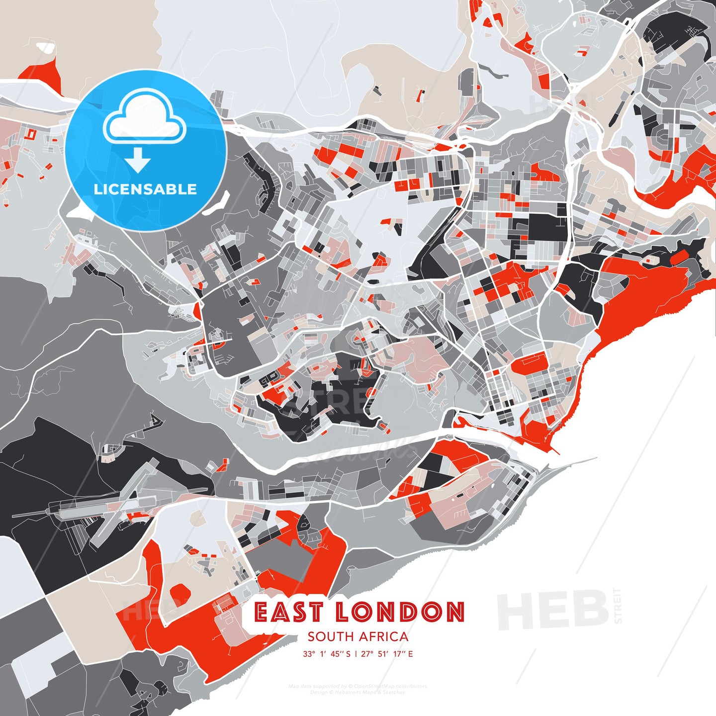 East London, South Africa, modern map - HEBSTREITS Sketches