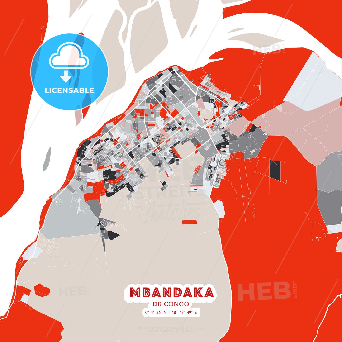 Mbandaka, DR Congo, modern map - HEBSTREITS Sketches