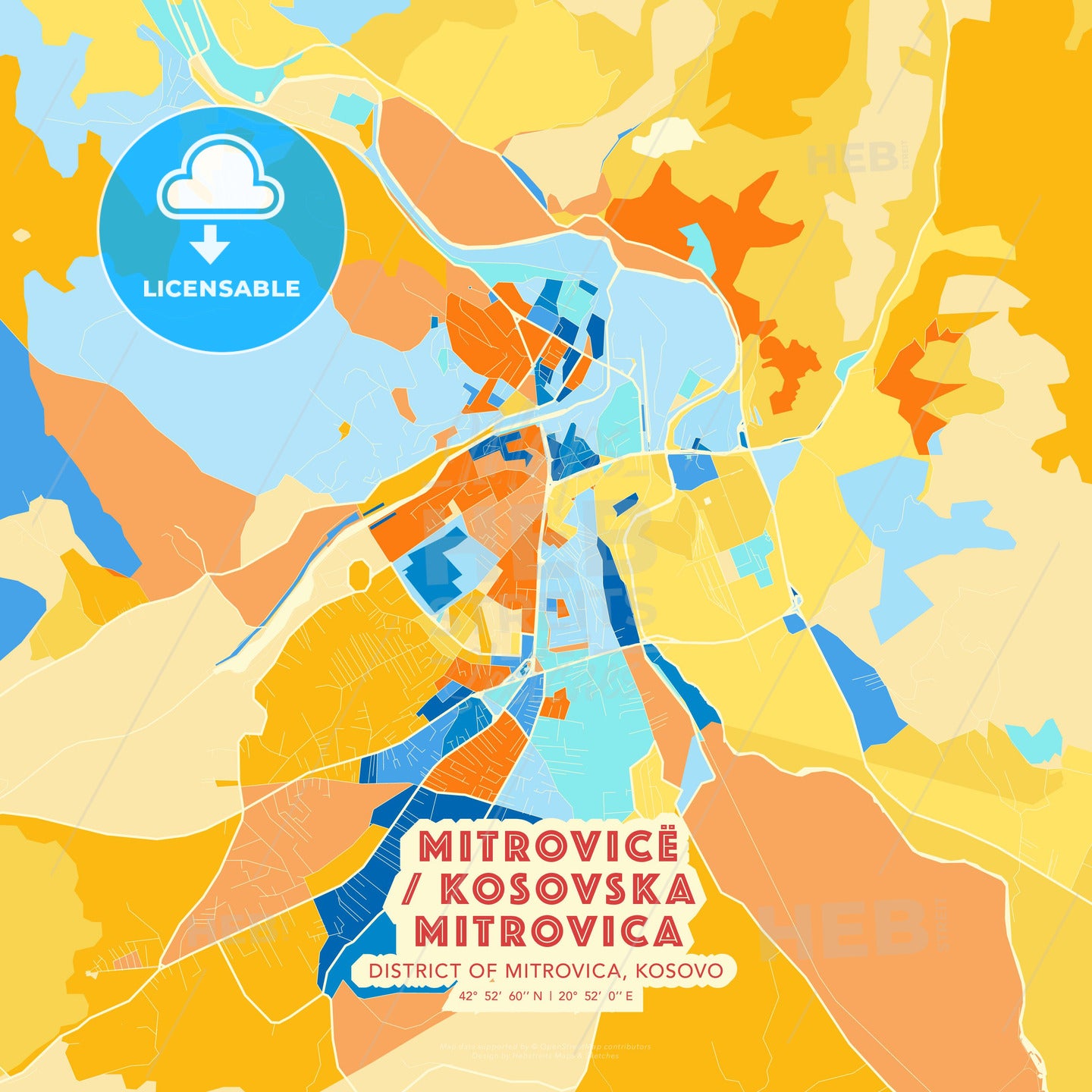 Mitrovicë / Kosovska Mitrovica, District of Mitrovica, Kosovo, map - HEBSTREITS Sketches