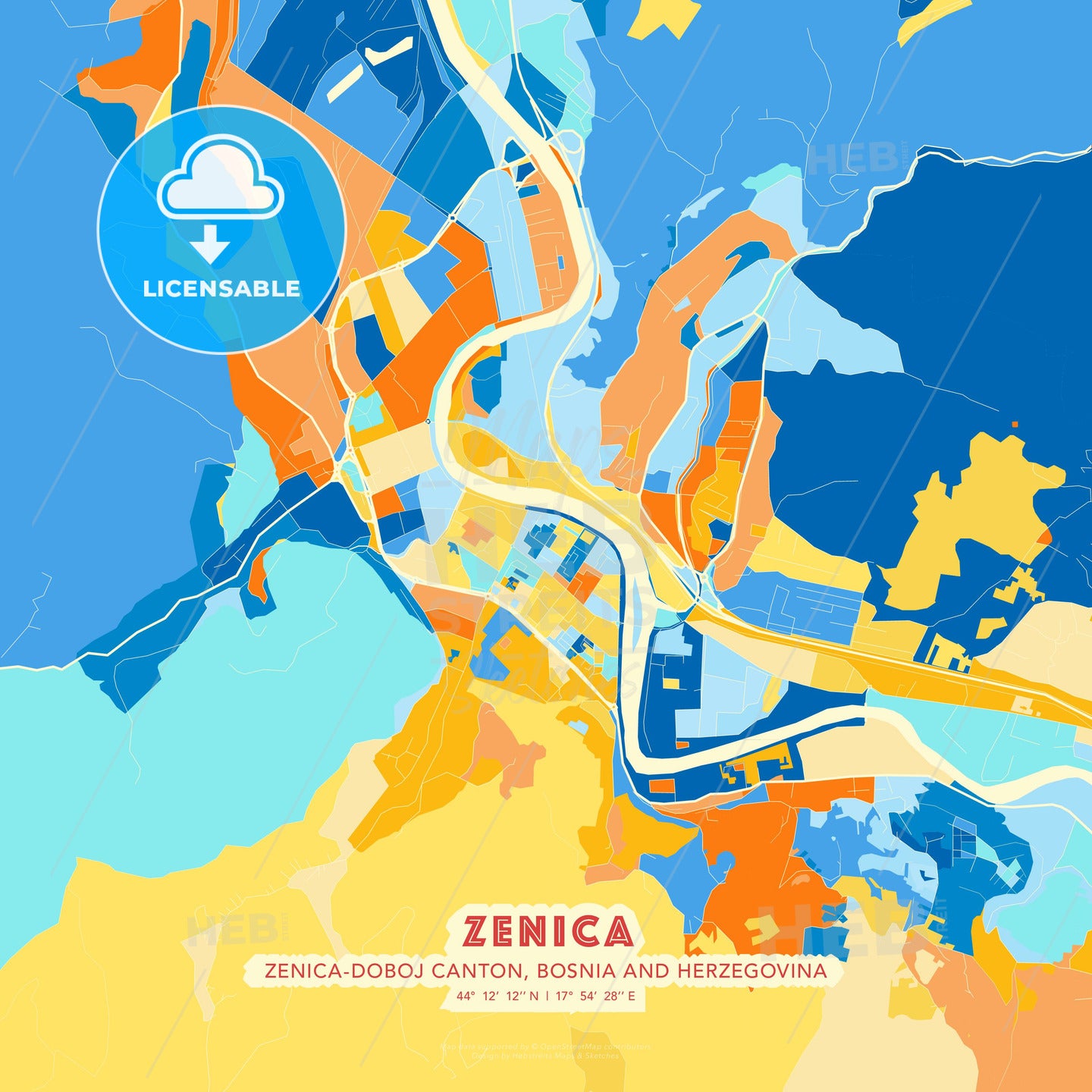 Zenica, Zenica-Doboj Canton, Bosnia and Herzegovina, map - HEBSTREITS Sketches