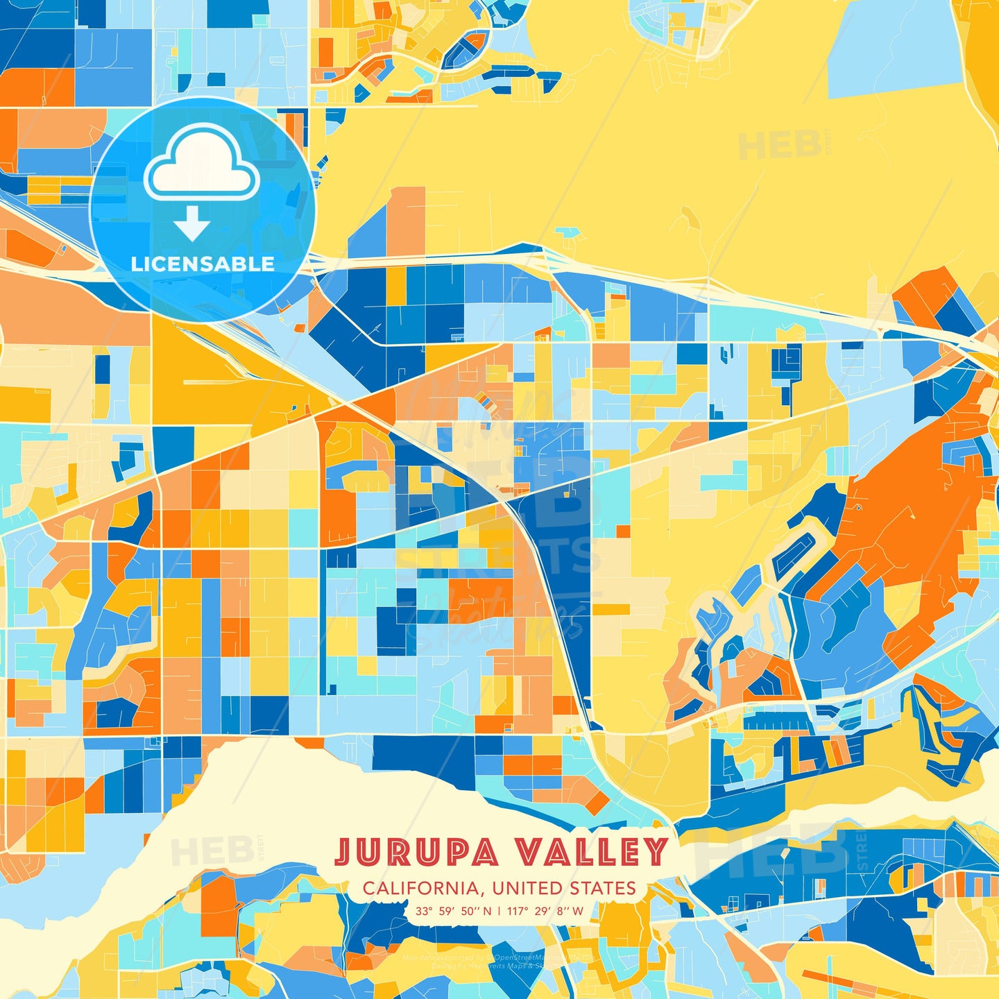 Jurupa Valley, California, United States blue and orange vector art map