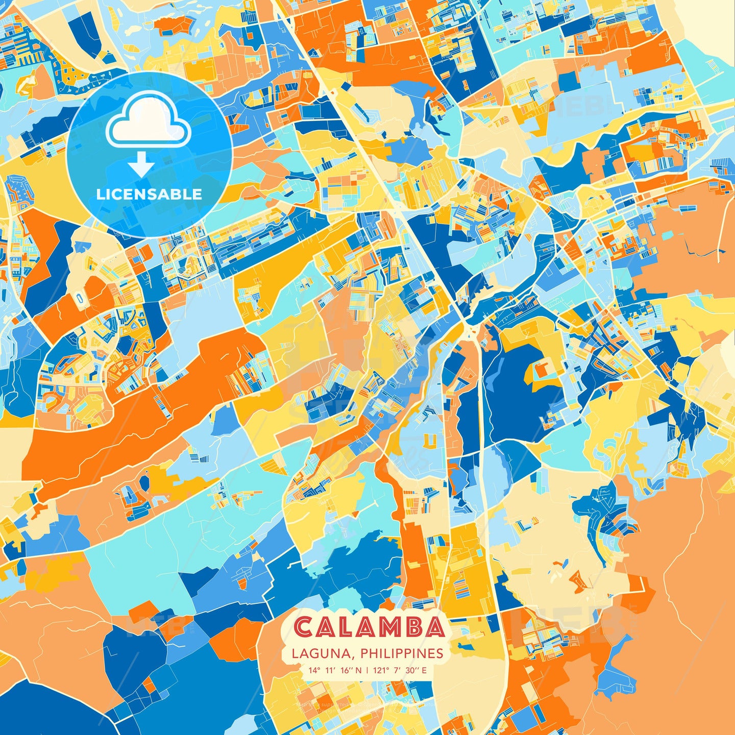 Calamba, Laguna, Philippines blue and orange vector art map template ...