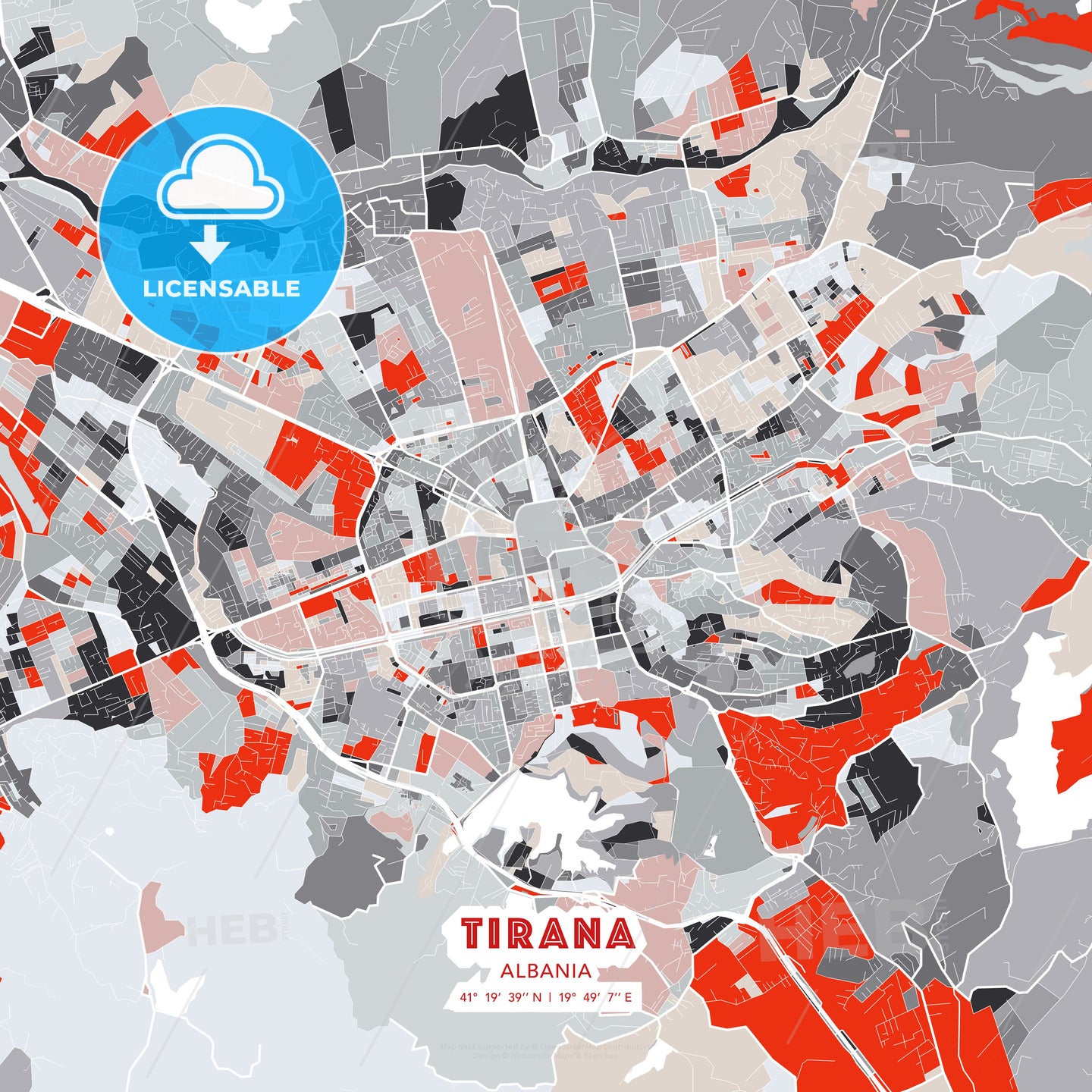 Tirana, Albania, modern map - HEBSTREITS Sketches