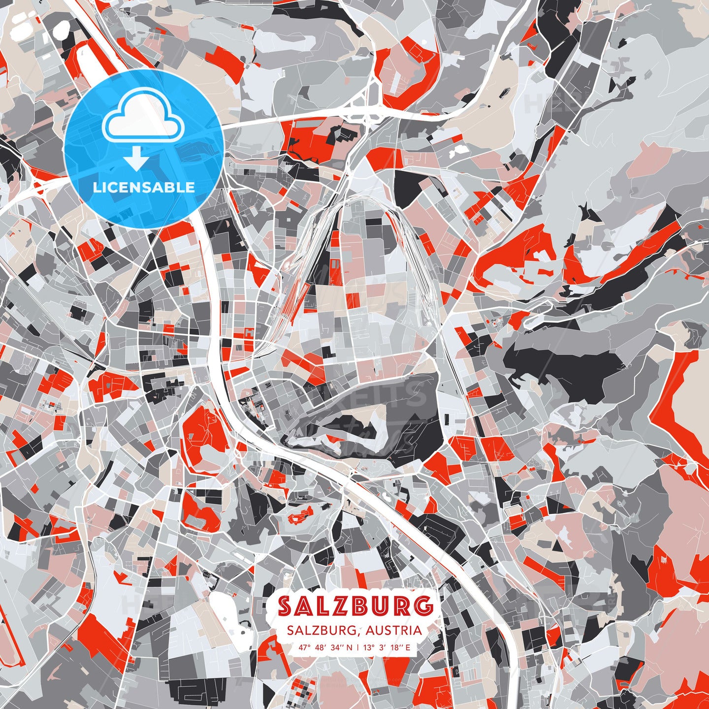 Salzburg, Salzburg, Austria, modern map - HEBSTREITS Sketches