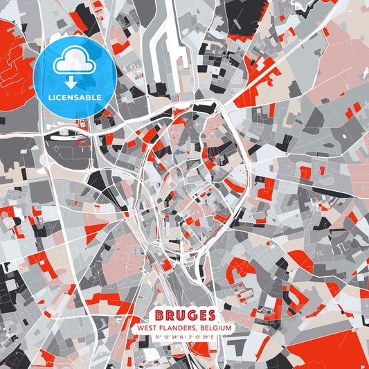 Bruges, West Flanders, Belgium, modern map - HEBSTREITS Sketches