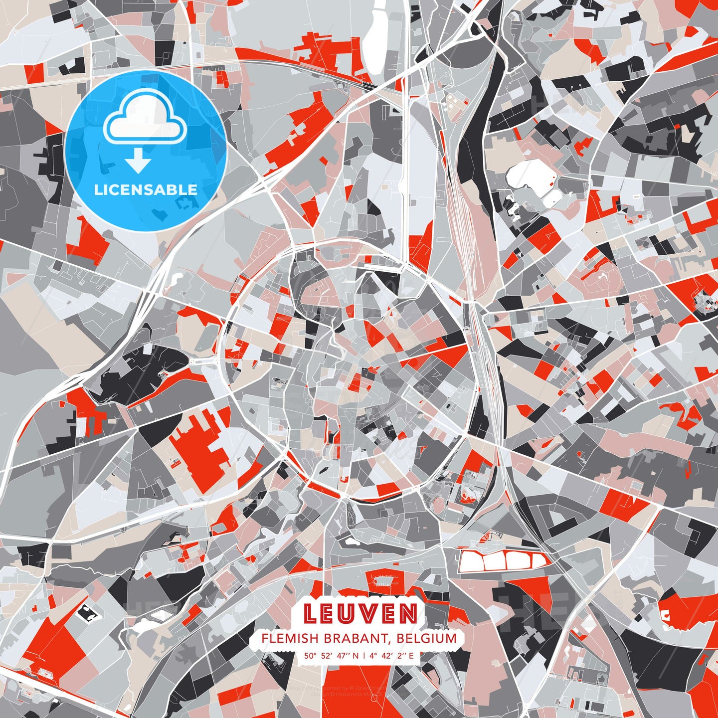 Leuven, Flemish Brabant, Belgium, modern map - HEBSTREITS Sketches