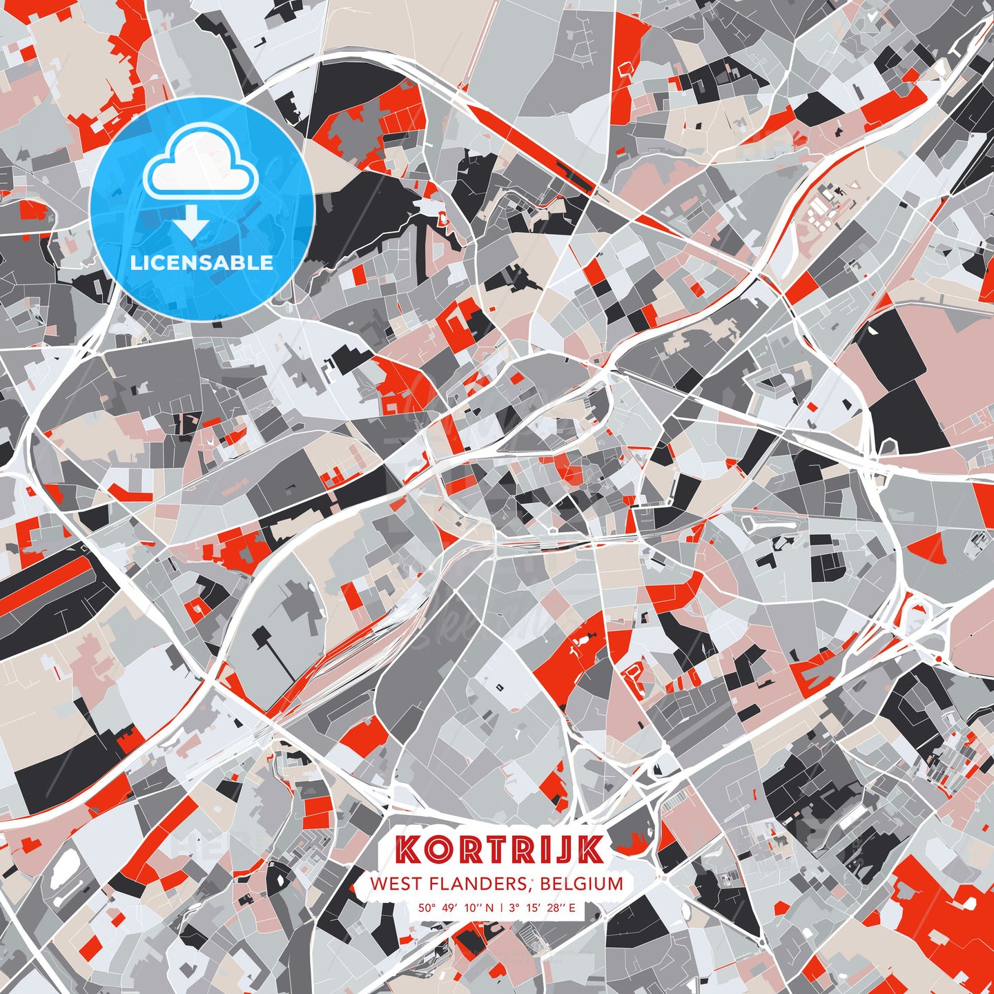 Kortrijk, West Flanders, Belgium, modern map - HEBSTREITS Sketches