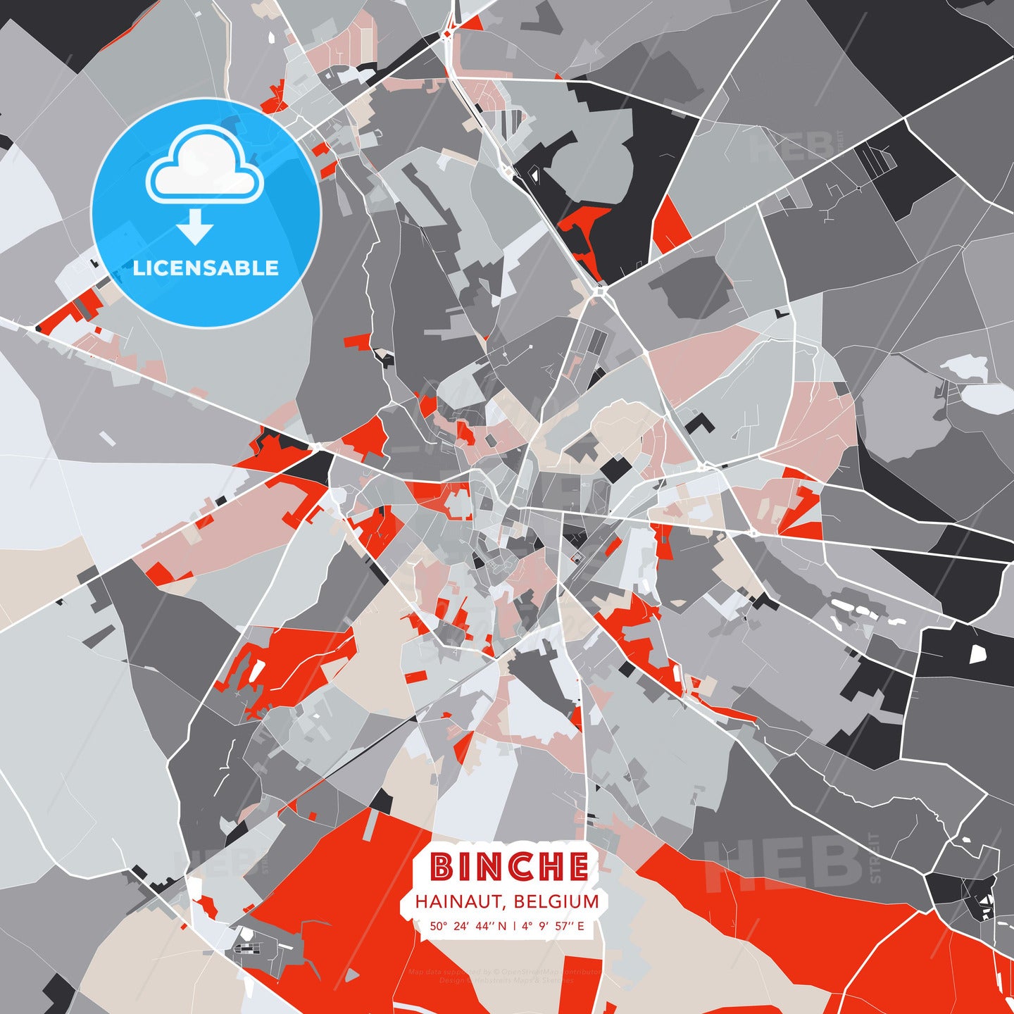 Binche, Hainaut, Belgium, modern map - HEBSTREITS Sketches