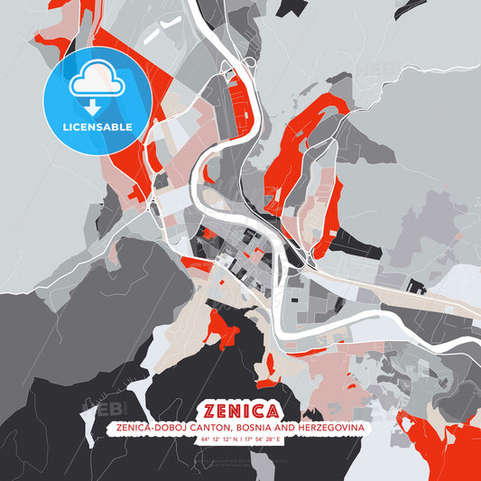 Zenica, Zenica-Doboj Canton, Bosnia and Herzegovina, modern map - HEBSTREITS Sketches