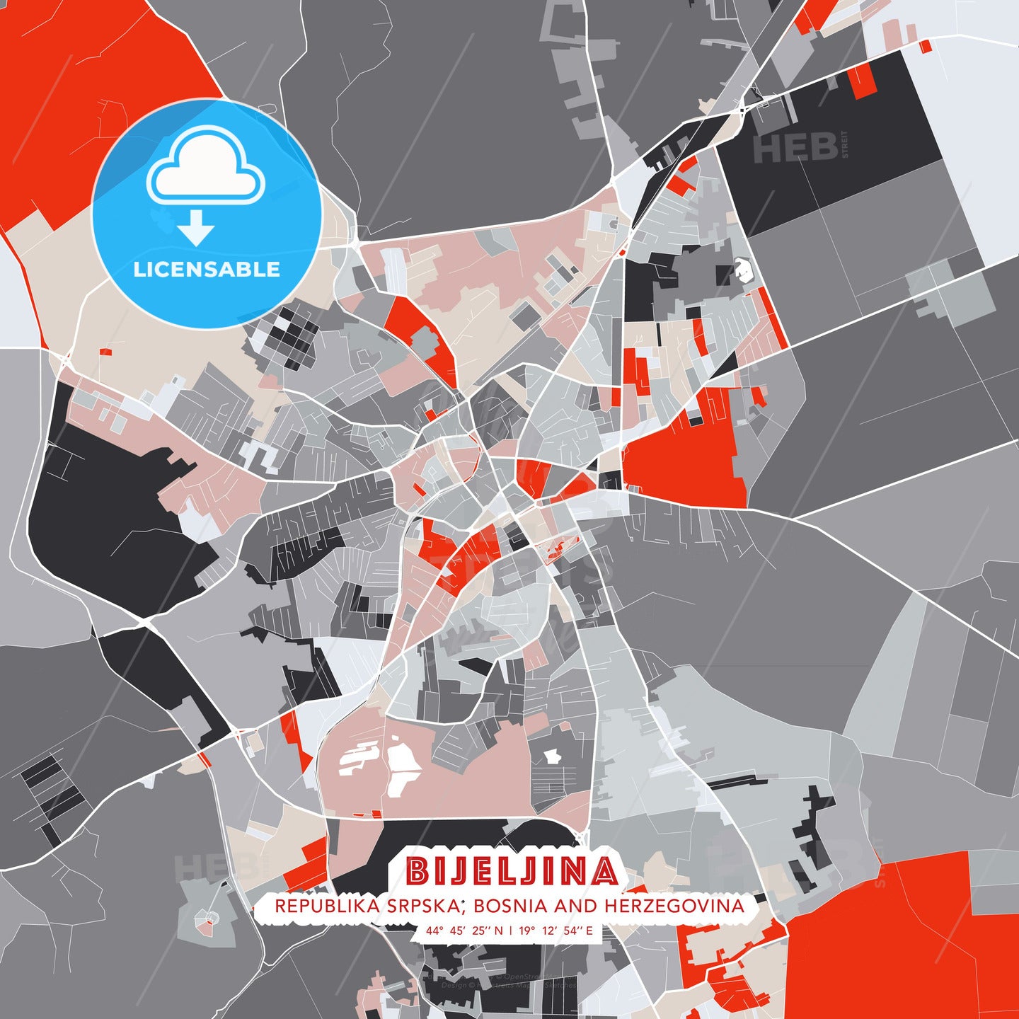 Bijeljina, Republika Srpska, Bosnia and Herzegovina, modern map - HEBSTREITS Sketches