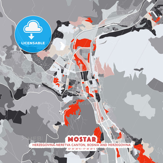 Mostar, Herzegovina-Neretva Canton, Bosnia and Herzegovina, modern map - HEBSTREITS Sketches