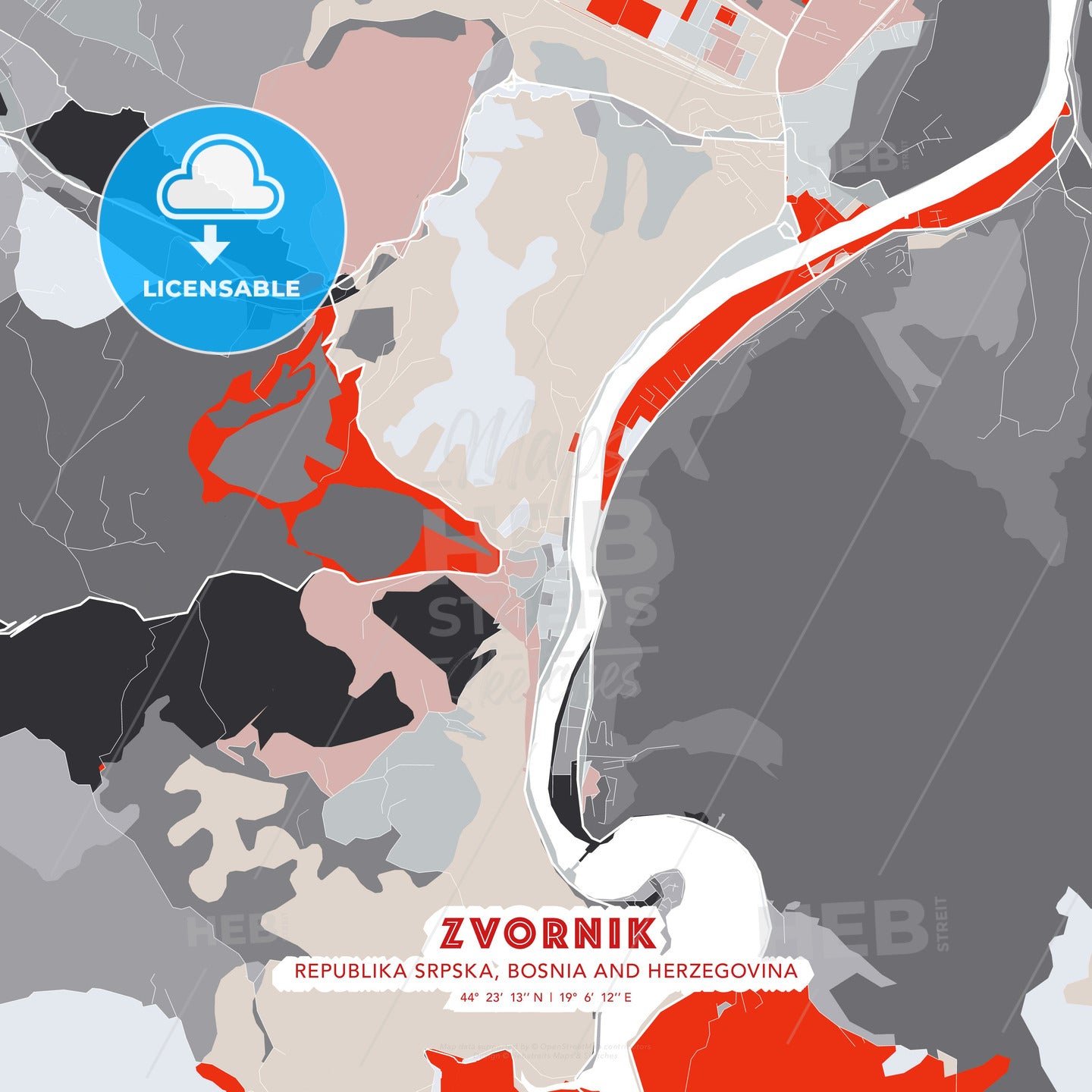 Zvornik, Republika Srpska, Bosnia and Herzegovina, modern map - HEBSTREITS Sketches