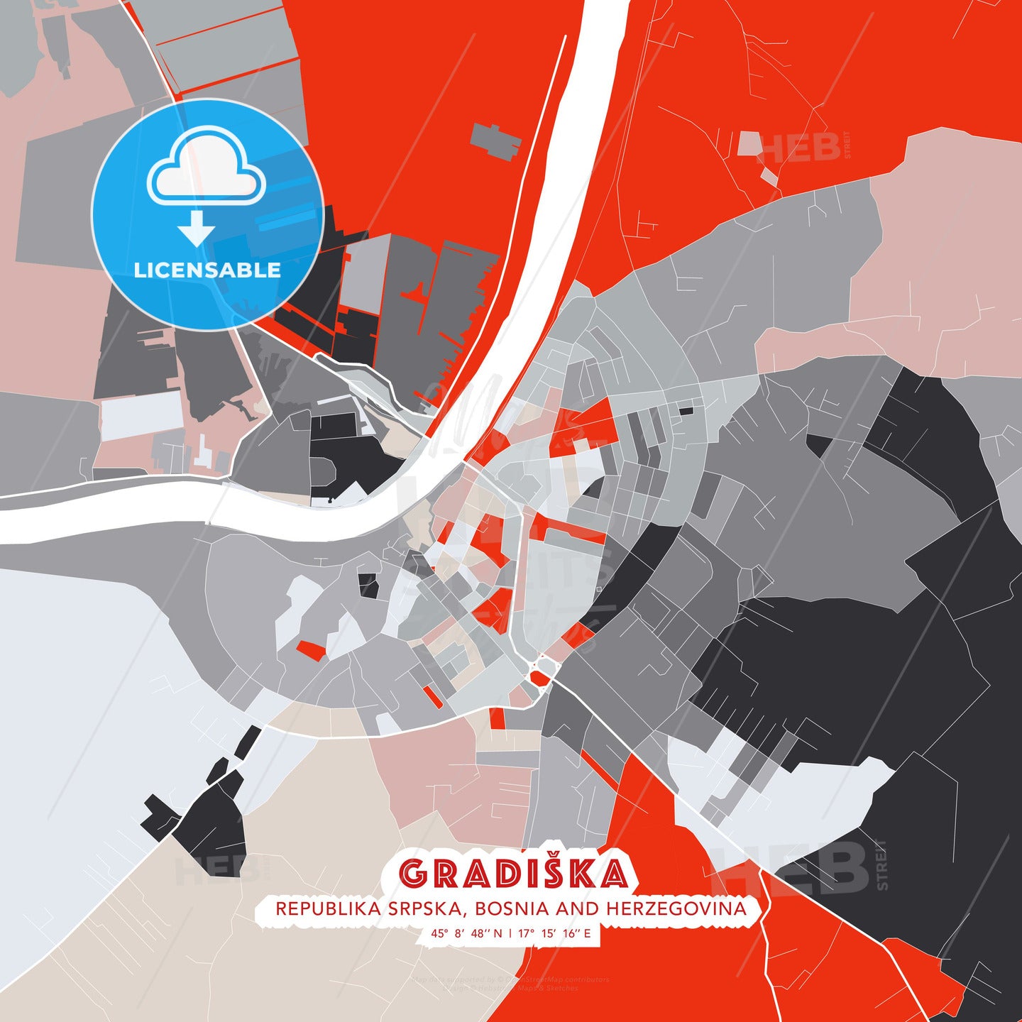 Gradiška, Republika Srpska, Bosnia and Herzegovina, modern map - HEBSTREITS Sketches